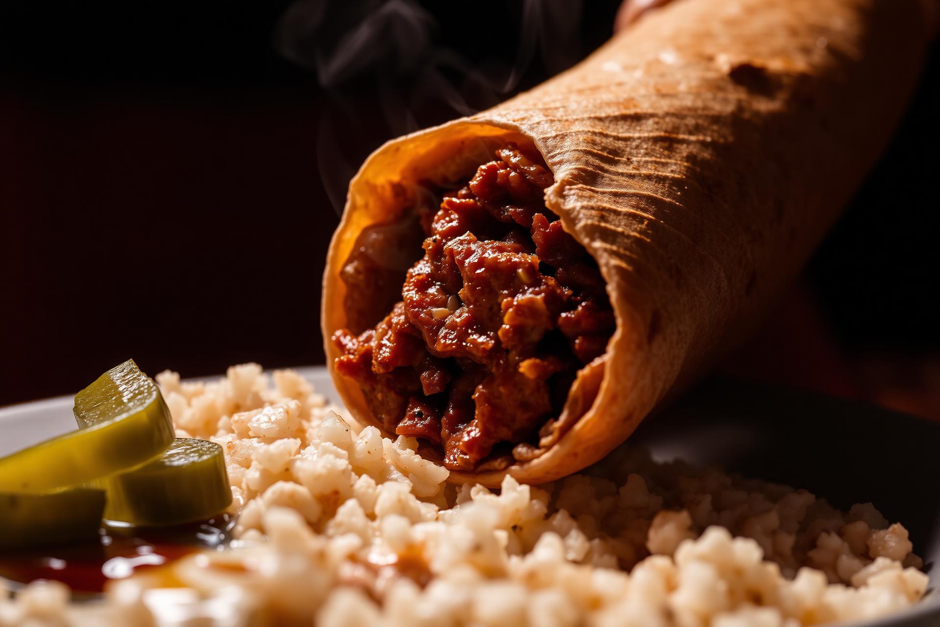 Sizzling chicken shawarma wrap with rice